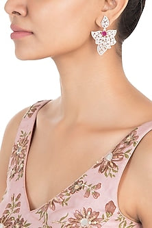Rose Gold Plated Faux Diamond and Ruby Leaf Earrings