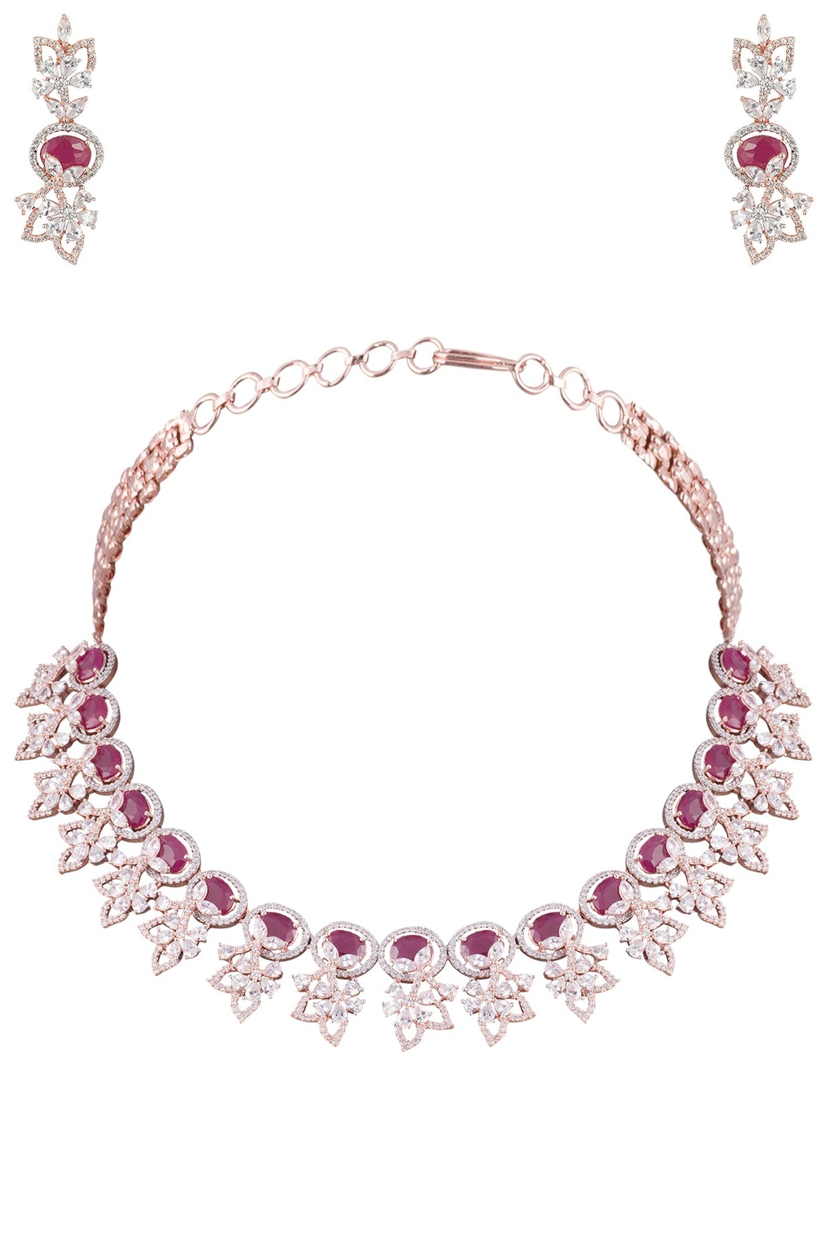 Rose Gold Plated Faux Ruby and Diamond Floral Necklace Set