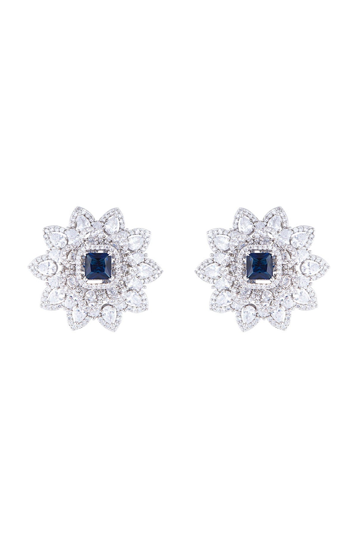 Silver plated diamond and sapphire stud earrings