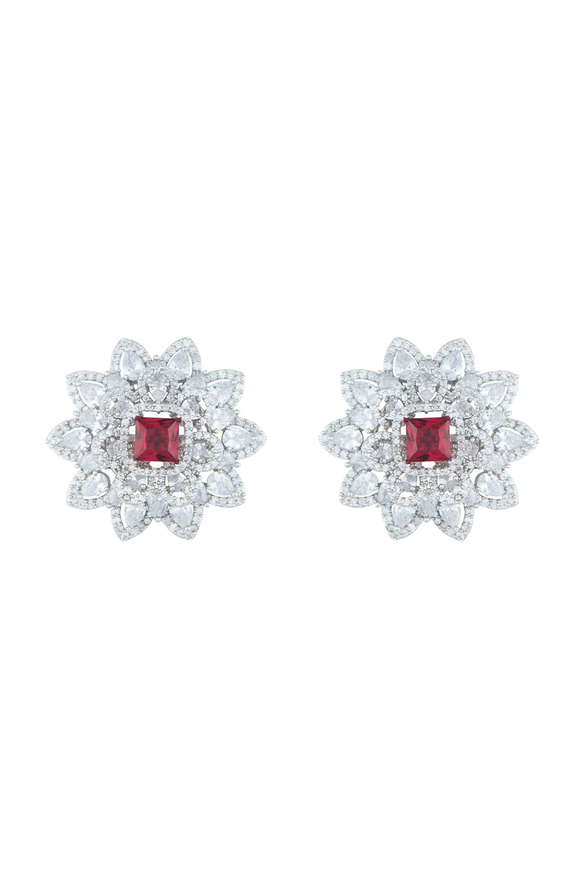 Silver plated diamond and ruby stud earrings