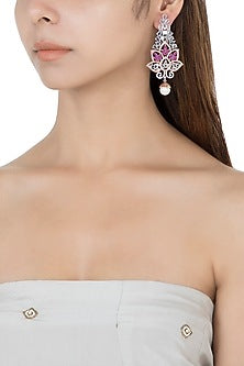 Silver plated faux diamond long floral earrings