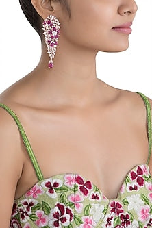 Silver plated faux diamond and ruby floral dangler earrings