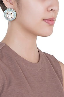 Gold Finish Powder Blue Enameled Stud Earrings