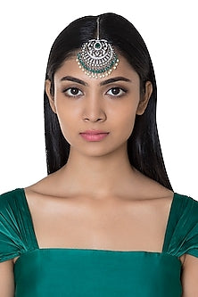 Silver Plated Faux Diamond & Green Pearl Maang Tikka