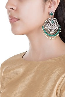 Silver Plated Faux Diamond & Green Pearls Dangler Earrings