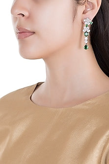White Rhodium Plated Faux Diamond & Emerald Long Earrings