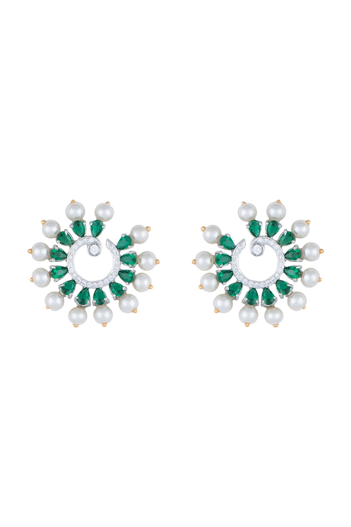 White Rhodium Plated Faux Diamond & Emerald Circular Earrings