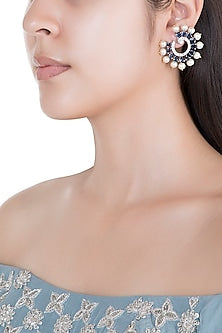 White Rhodium Plated Faux Diamond & Sapphire Circular Earrings