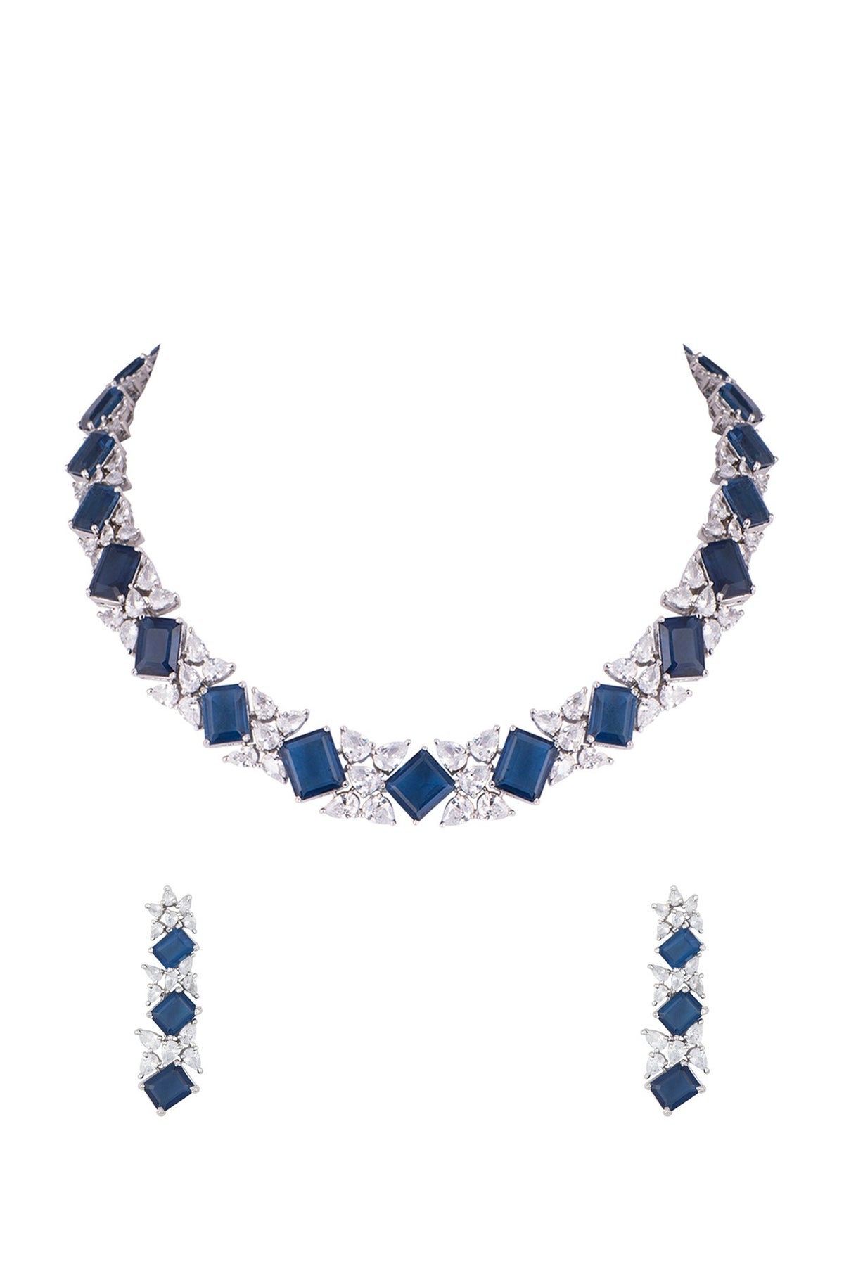 White rhodium plated sapphire and zircon necklace set