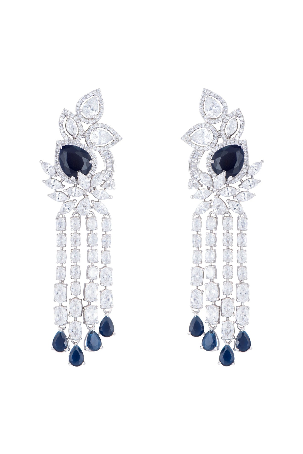 Silver plated faux diamond and sapphire long earrings