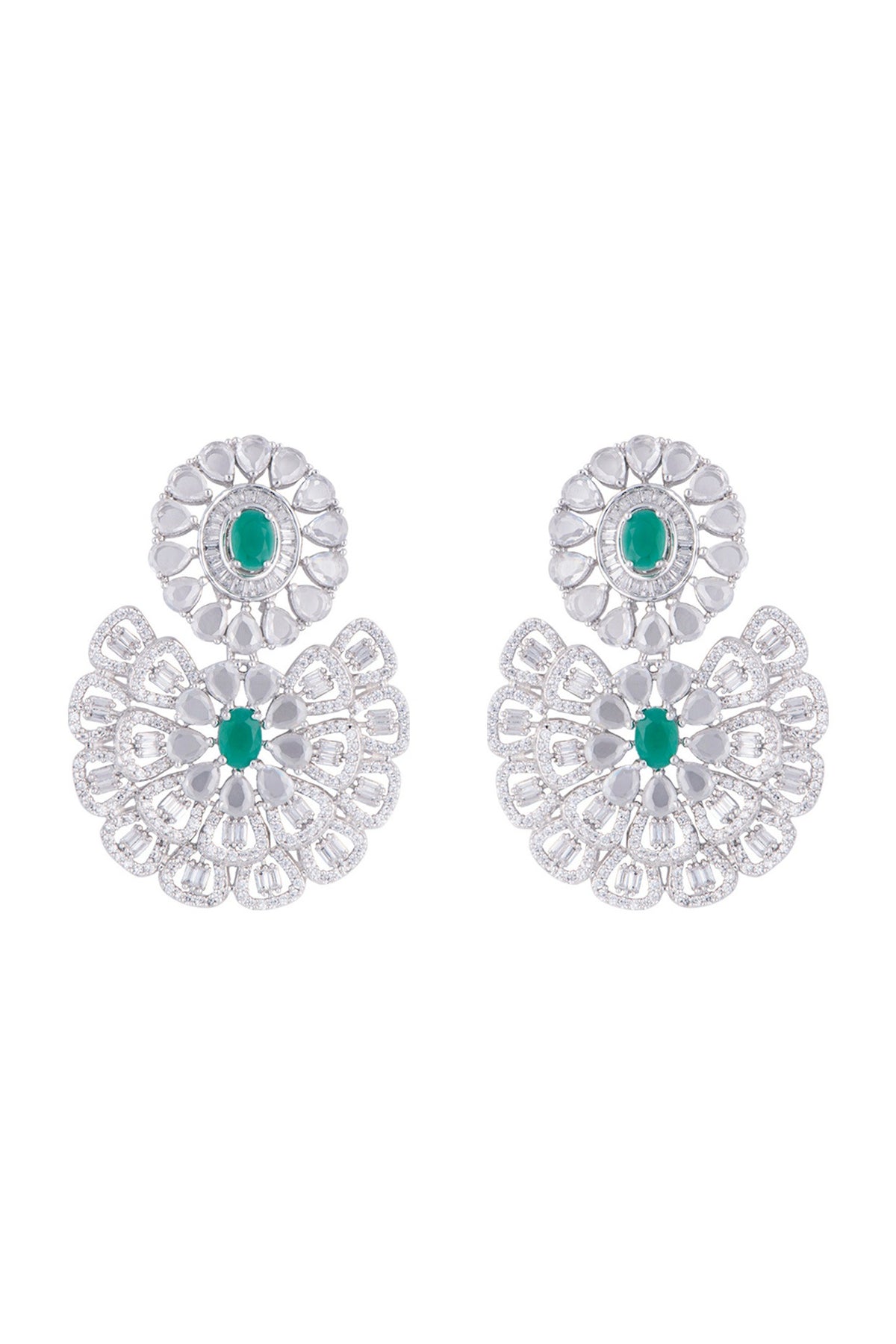Silver plated faux diamond and emerald floral earrings