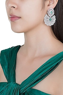 Silver plated faux diamond and emerald floral earrings