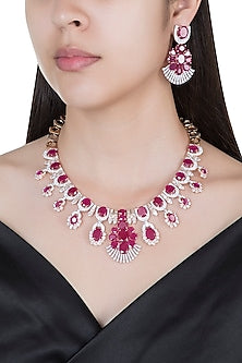Silver plated faux diamond and ruby necklace set