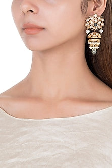 Gold plated faux kundan and green stone earrings