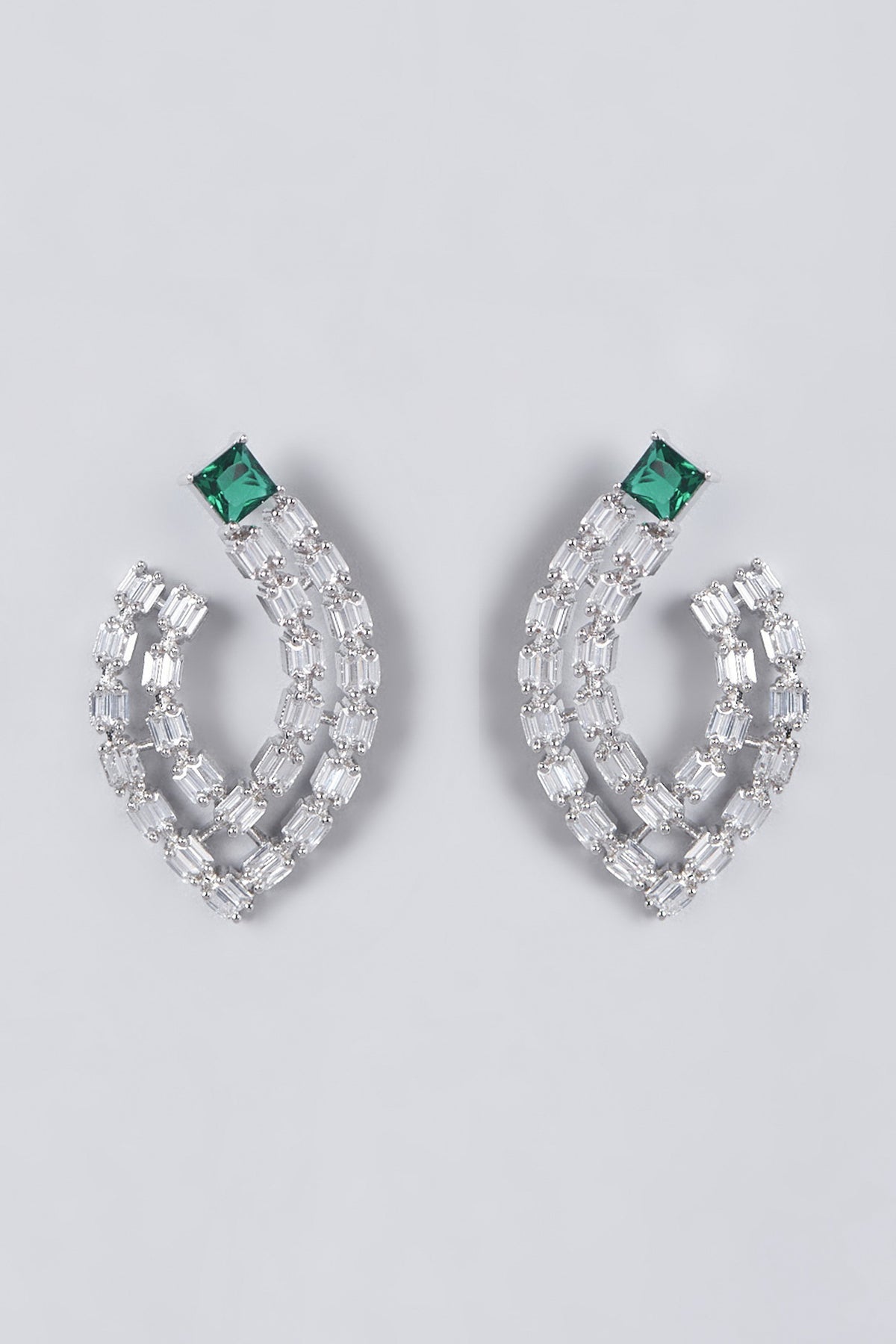 White Finish Green Synthetic Stones & Zircons Earrings