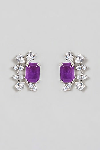 White Finish Zircon & Purple Stone Stud Earrings