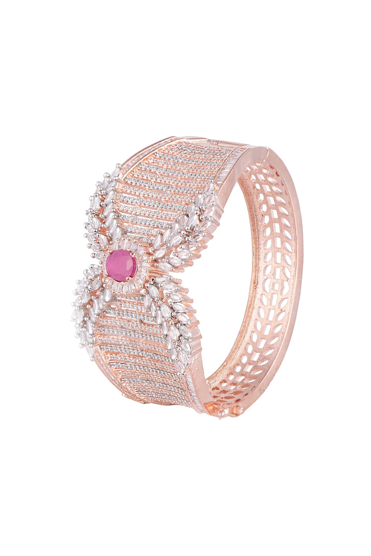 Rose Gold Finish Diamond & Red Stone Openable Kada Bracelet