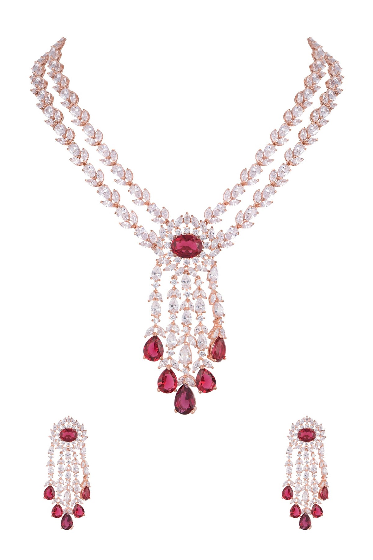 Rose Gold Finish Faux Diamond & Red Stone Necklace Set