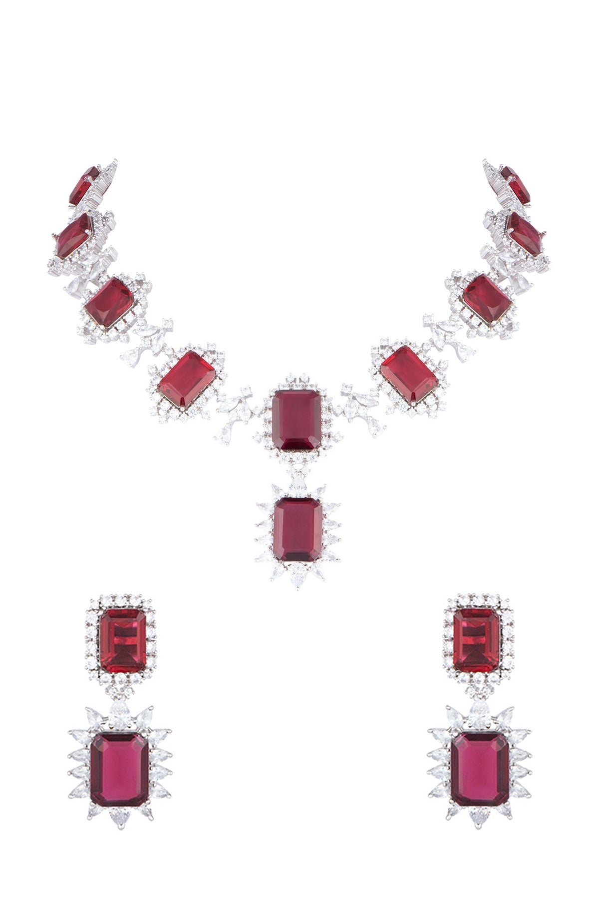 White Rhodium Plated Faux Diamond & Red Stone Necklace Set