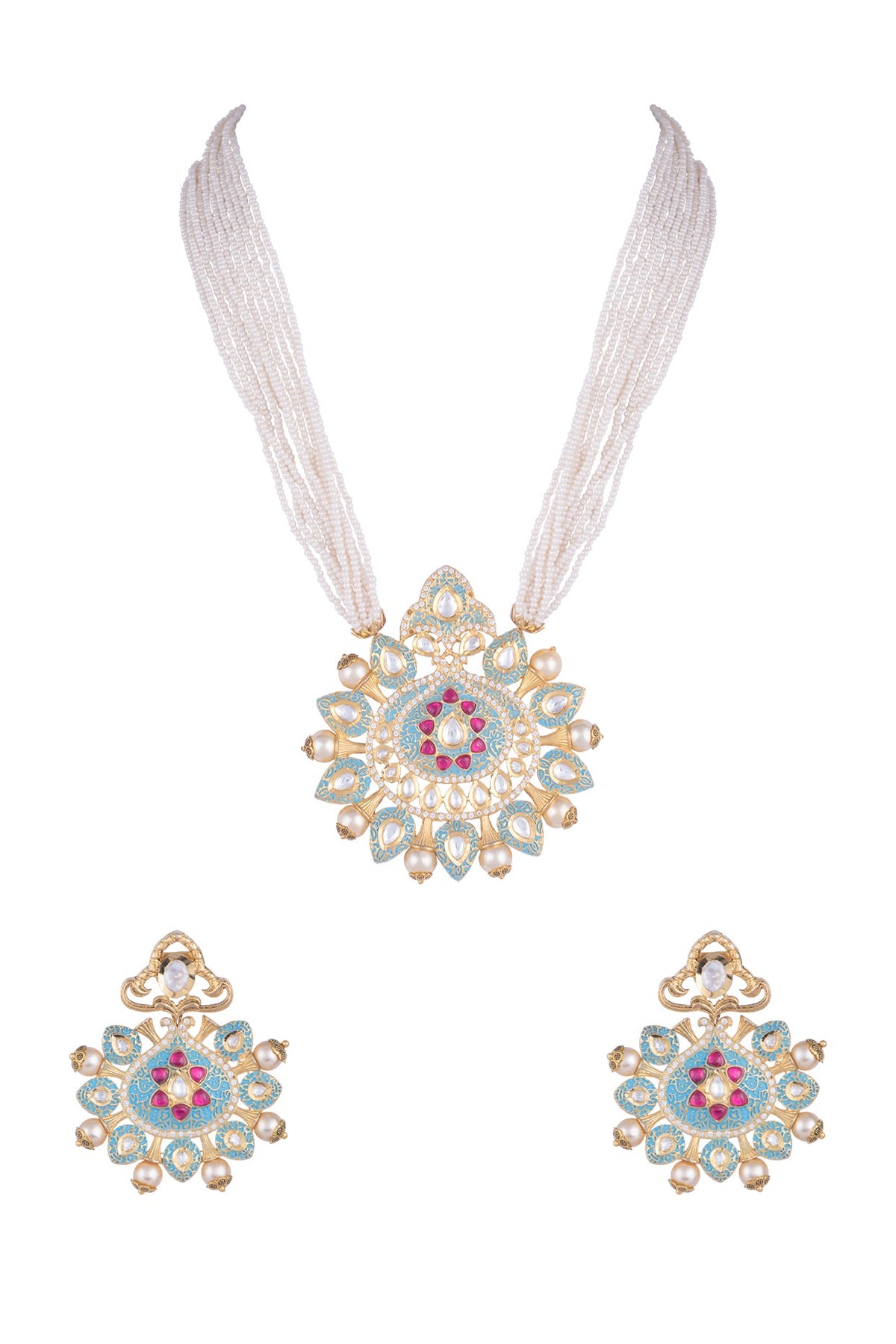 Gold Rhodium Finish Blue Enameled Kundan Necklace Set