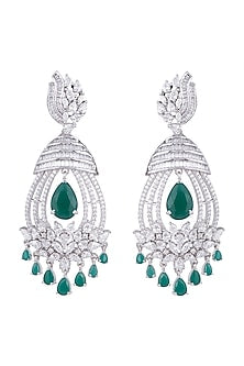 White Rhodium Finish Green Stone & Faux Diamond Earrings