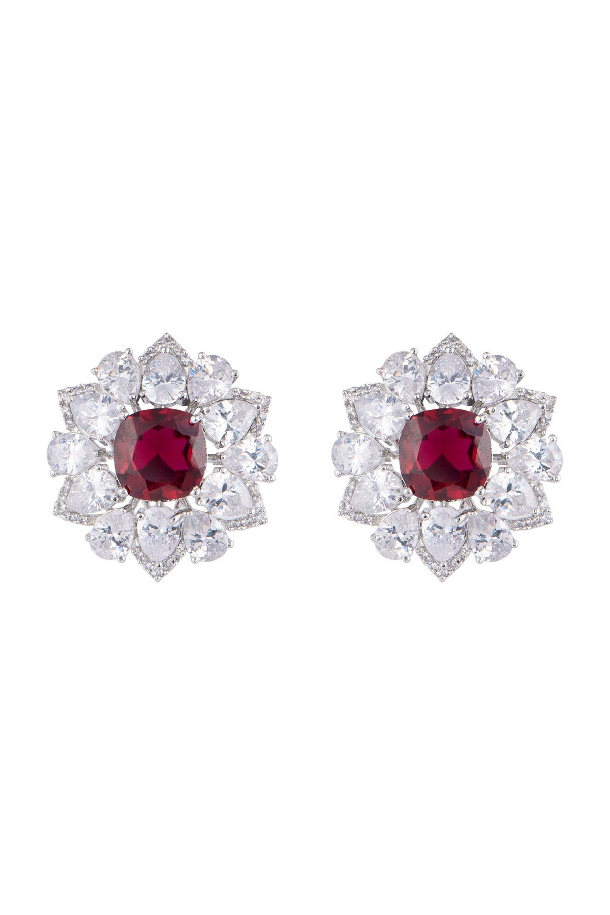 White Finish Faux Diamond & Red Stones Stud Earrings