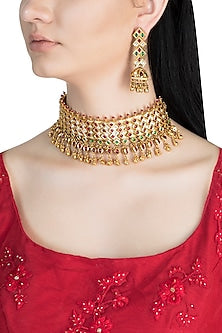 Gold Finish Kundan, Red & Green Stones Choker Necklace Set
