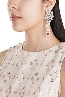 Rose Gold Finish Faux Diamonds & Red Stones Long Earrings
