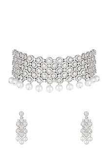 White Finish Faux Diamonds & Pearls Choker Necklace Set
