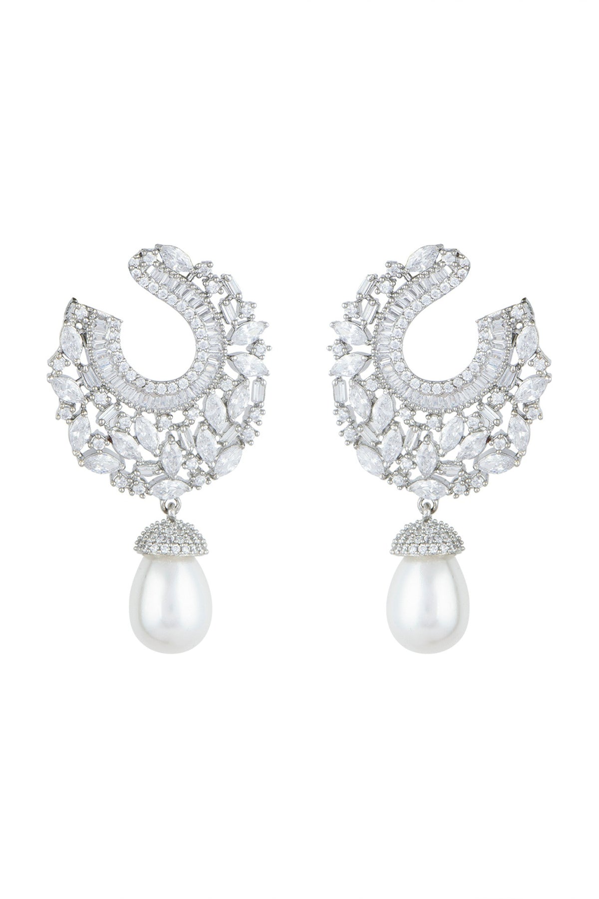 White Finish Faux Diamonds & Pearls Earrings