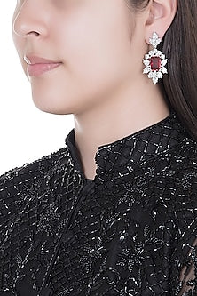 White Finish Faux Diamonds & Red Stone Earrings