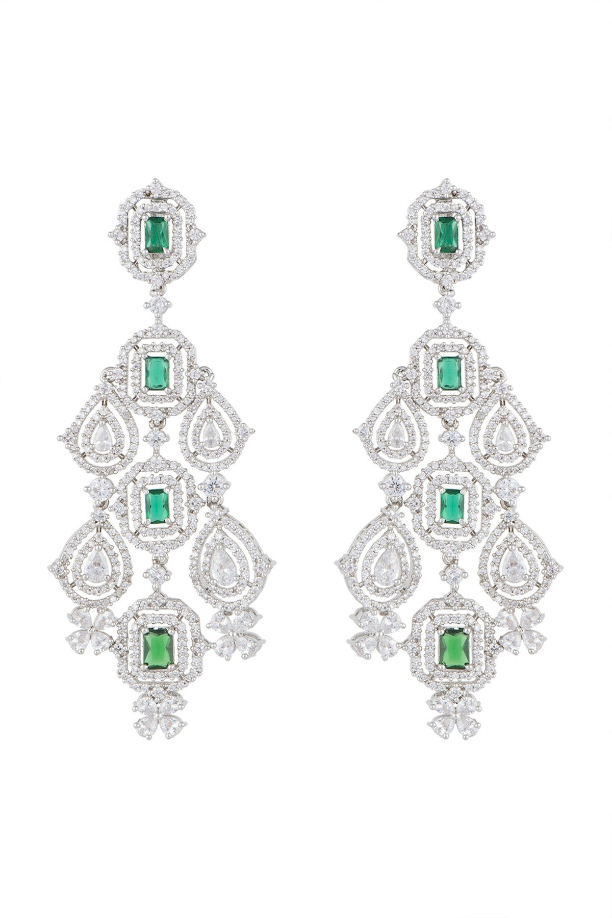 White Finish Faux Diamonds & Green Stones Dangler Earrings