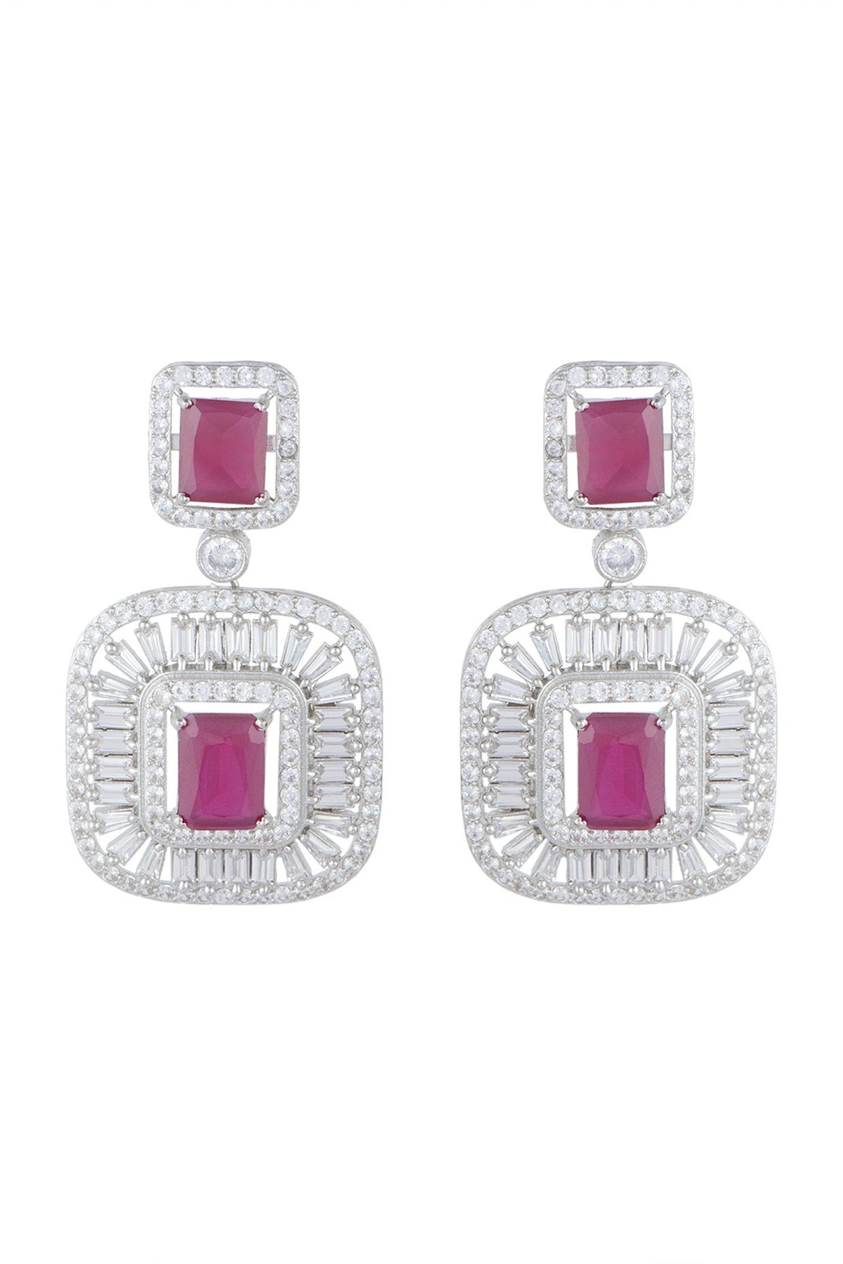 White Finish Faux Diamonds & Red Stones Earrings