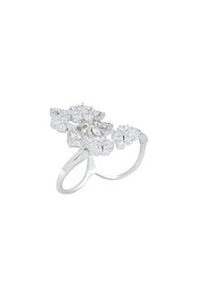 White Finish Faux Diamonds Two Finger Ring