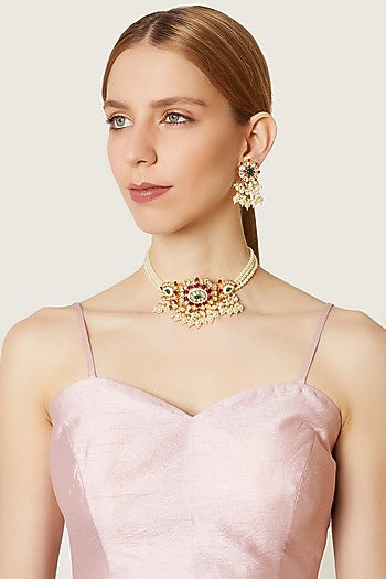 Gold Finish Pearl Choker Necklace Set