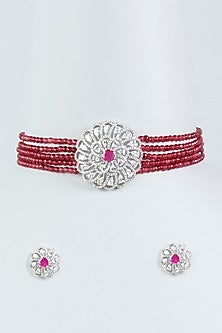 White Finish Faux Diamond & Red Stone Choker Necklace Set