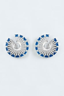 White Finish Faux Diamonds Earrings With Blue Synthetic Stones