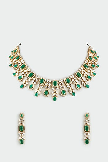 Gold Finish Emerald Synthetic Stone Necklace Set