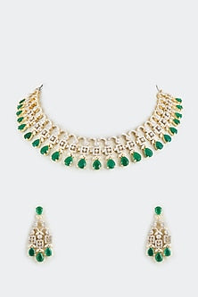 Gold Finish Emerald Synthetic Stone & Zircon Necklace