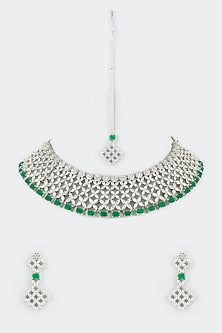 White Finish Emerald Synthetic Stone & Zircon Necklace