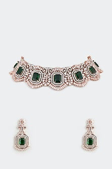 Rose Gold Finish Emerald Synthetic Stone Choker Necklace