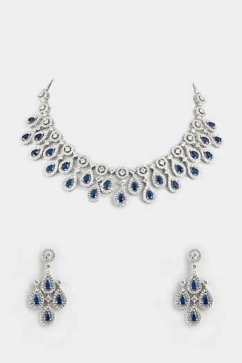 White Finish Necklace With Sapphire Synthetic Stones