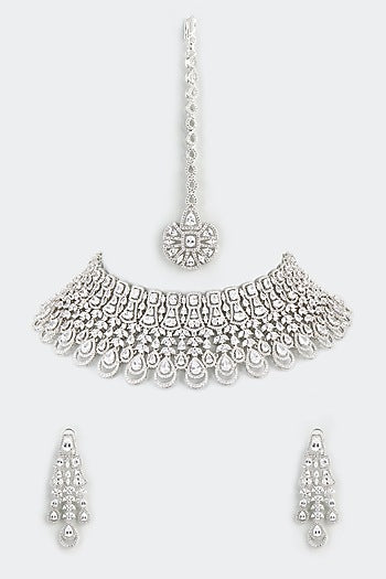 White Finish Necklace With Faux Diamond