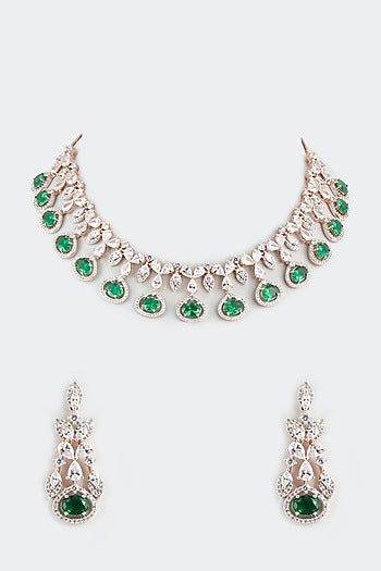 Rose Gold Finish Emerald Synthetic Stone Necklace