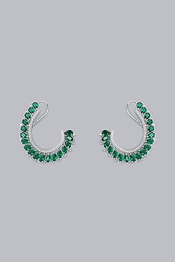 White Finish Green Stone & Zircon Stud Earrings
