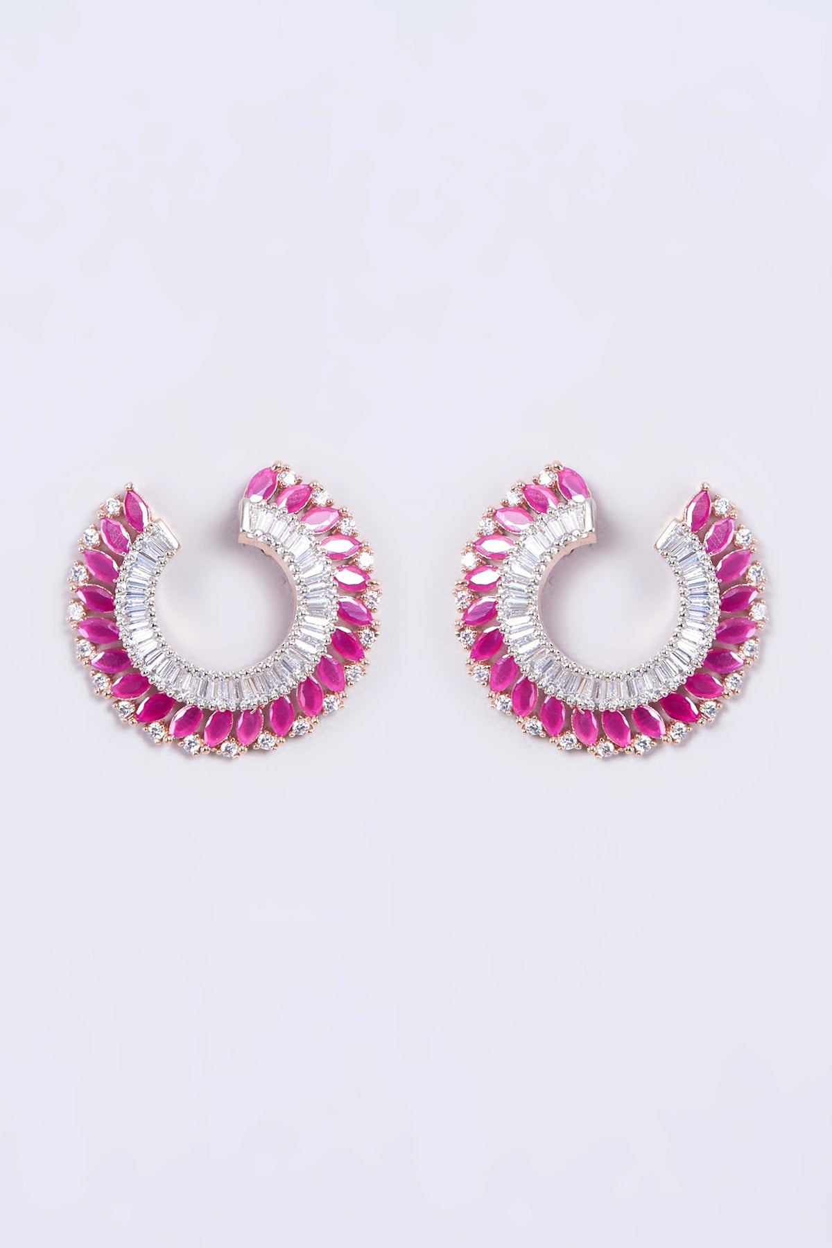 Rose Gold Finish Red Synthetic Stone & Zircon Hoop Earrings