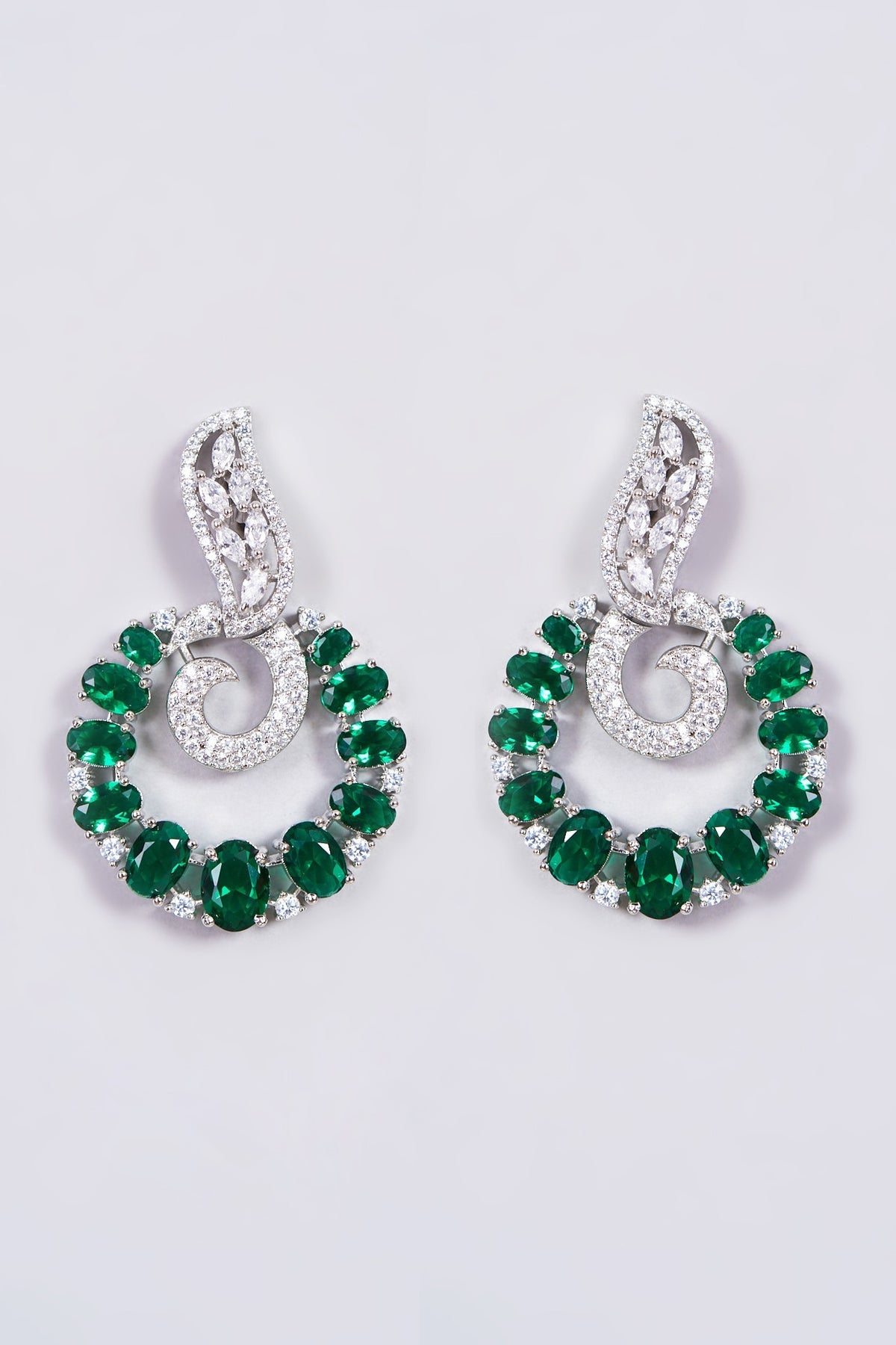 White Finish Zircon & Green Synthetic Stones Earrings