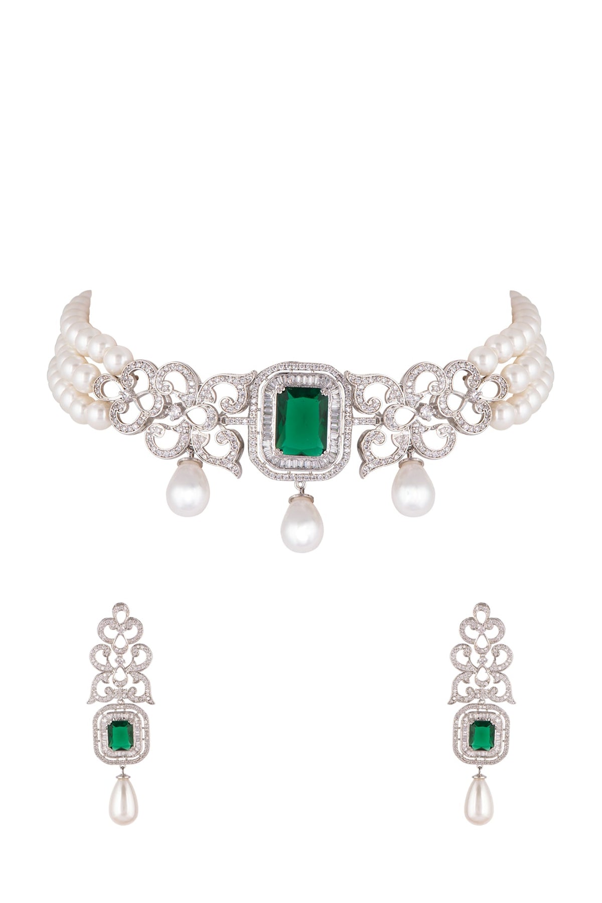 White Finish Pearl Choker Necklace Set