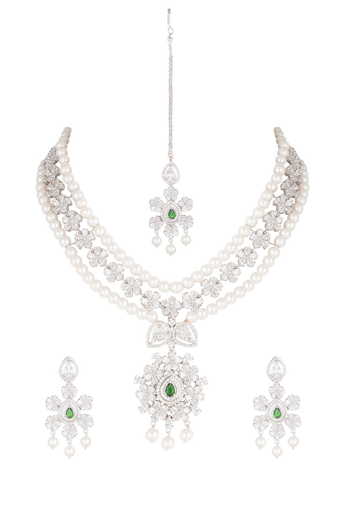 White Finish Pearl & Diamond Necklace Set
