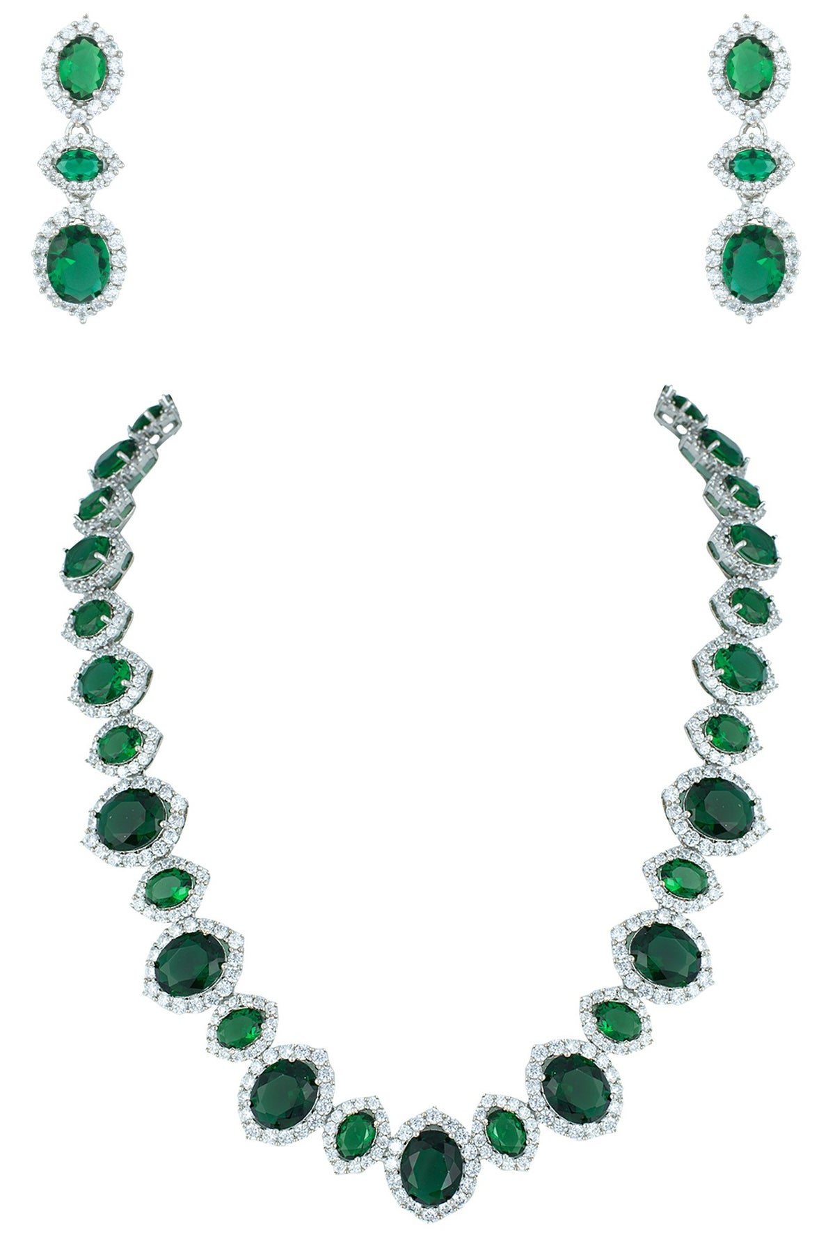 Silver plated faux emerald and diamond necklace set